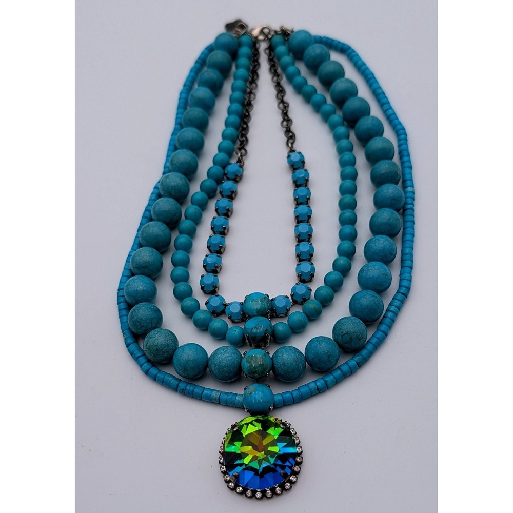 Hadar Turquoise Beaded Multi Strand Necklace Iridescent Crystal Pendant
